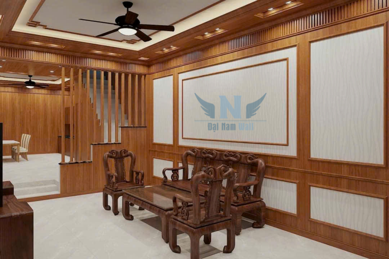 Lam hộp nhựa giả gỗ trang trí kèm với vật liệu ốp tường trần Đại Nam Wall